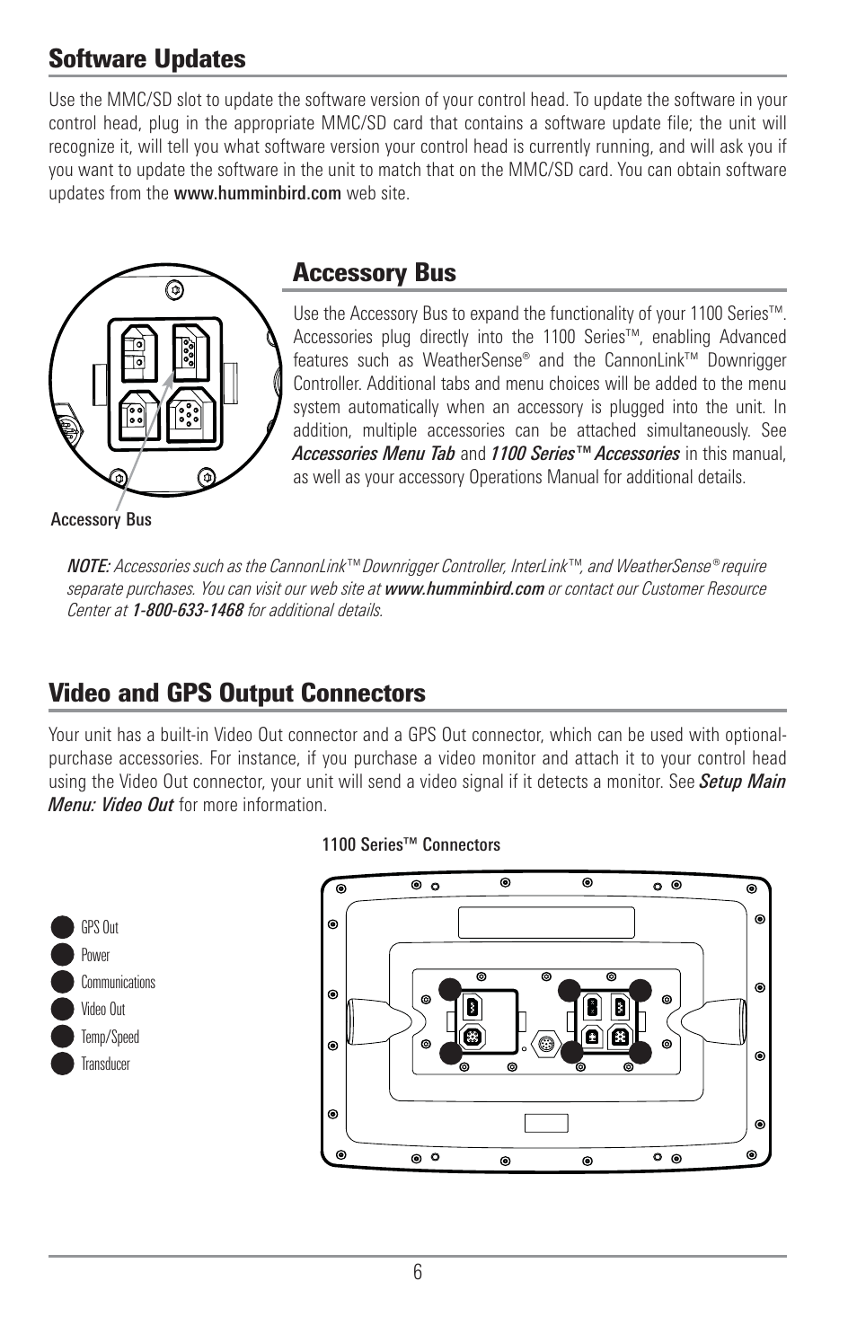 Software updates, Accessory bus, Video and gps output connectors | Humminbird 1157C User Manual | Page 16 / 200