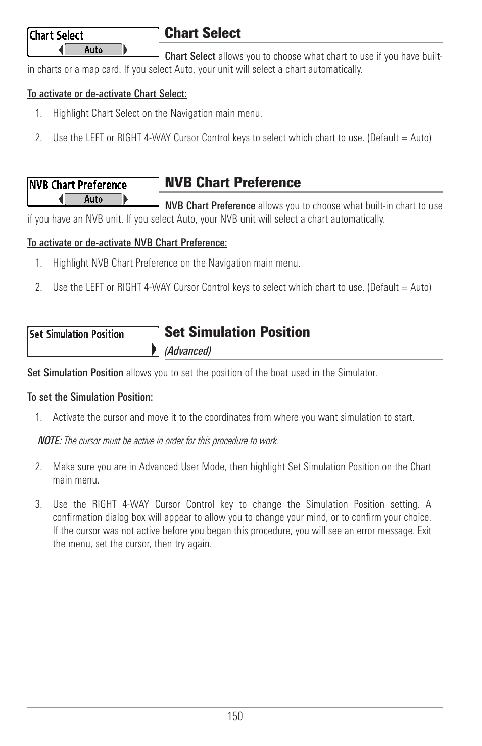 Chart select, Nvb chart preference, Set simulation position | Humminbird 1157C User Manual | Page 160 / 200