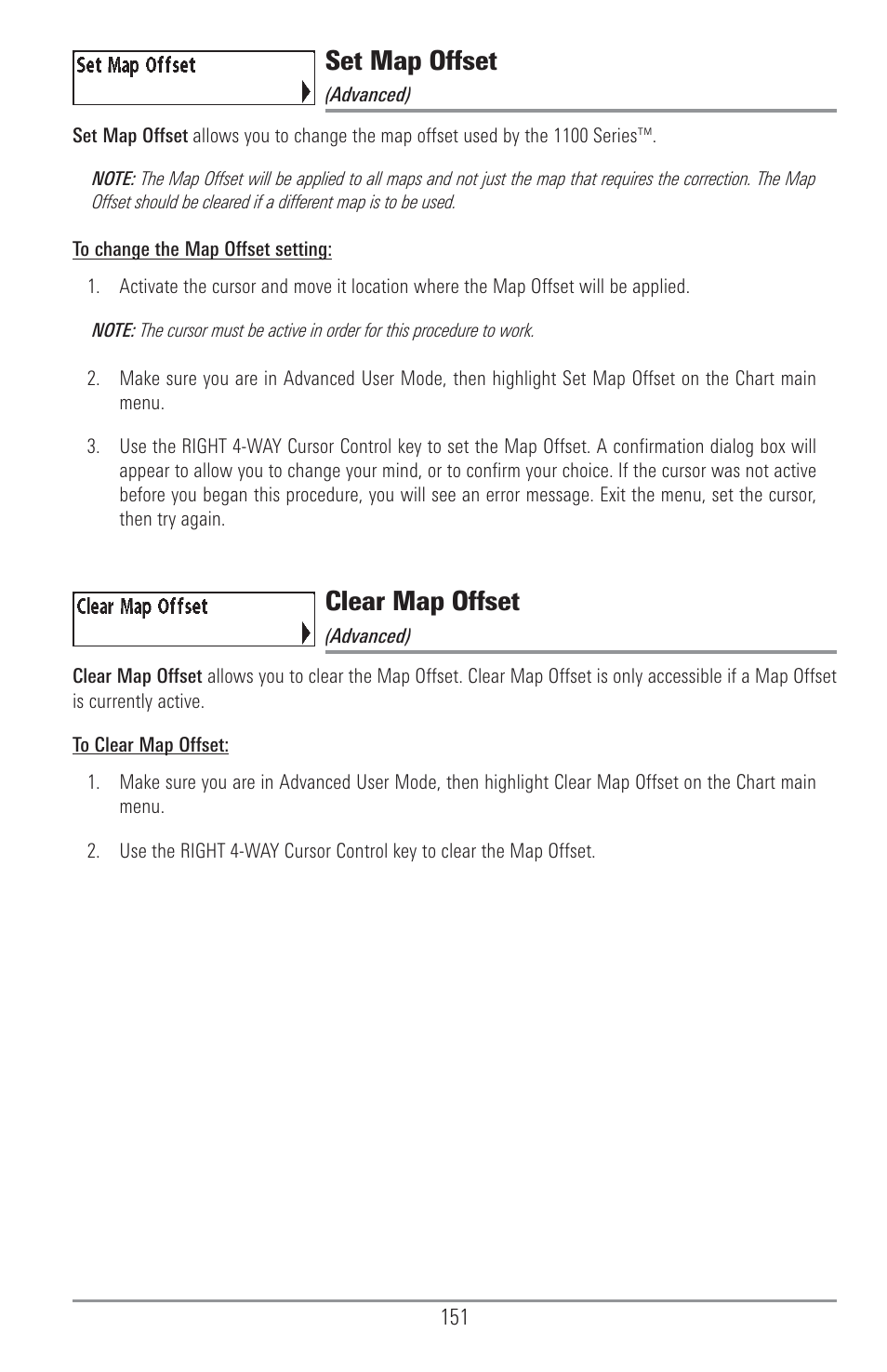 Set map offset, Clear map offset | Humminbird 1157C User Manual | Page 161 / 200