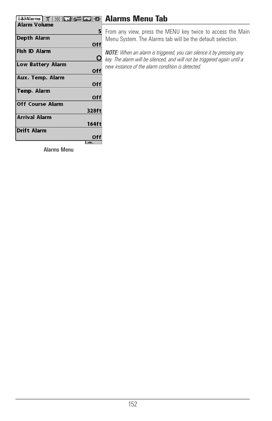 Alarms menu tab | Humminbird 1157C User Manual | Page 162 / 200