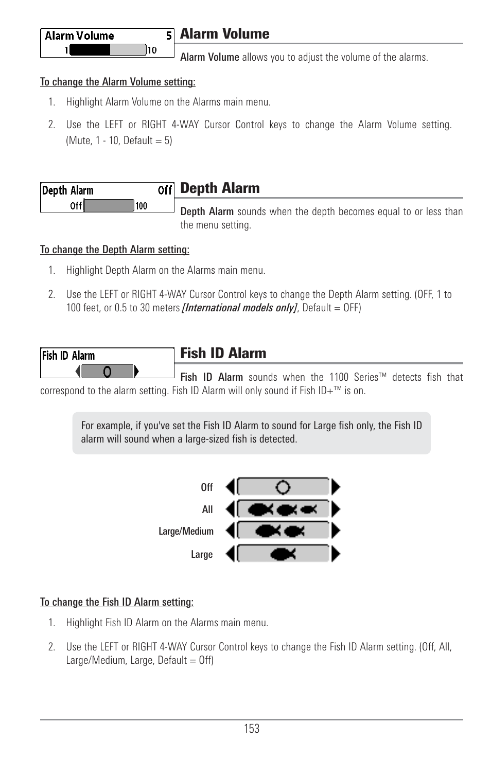 Alarm volume, Depth alarm, Fish id alarm | Humminbird 1157C User Manual | Page 163 / 200