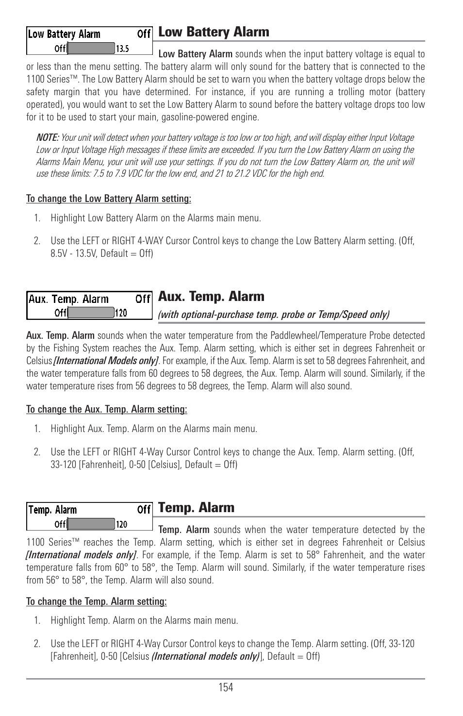 Low battery alarm, Aux. temp. alarm, Temp. alarm | Humminbird 1157C User Manual | Page 164 / 200