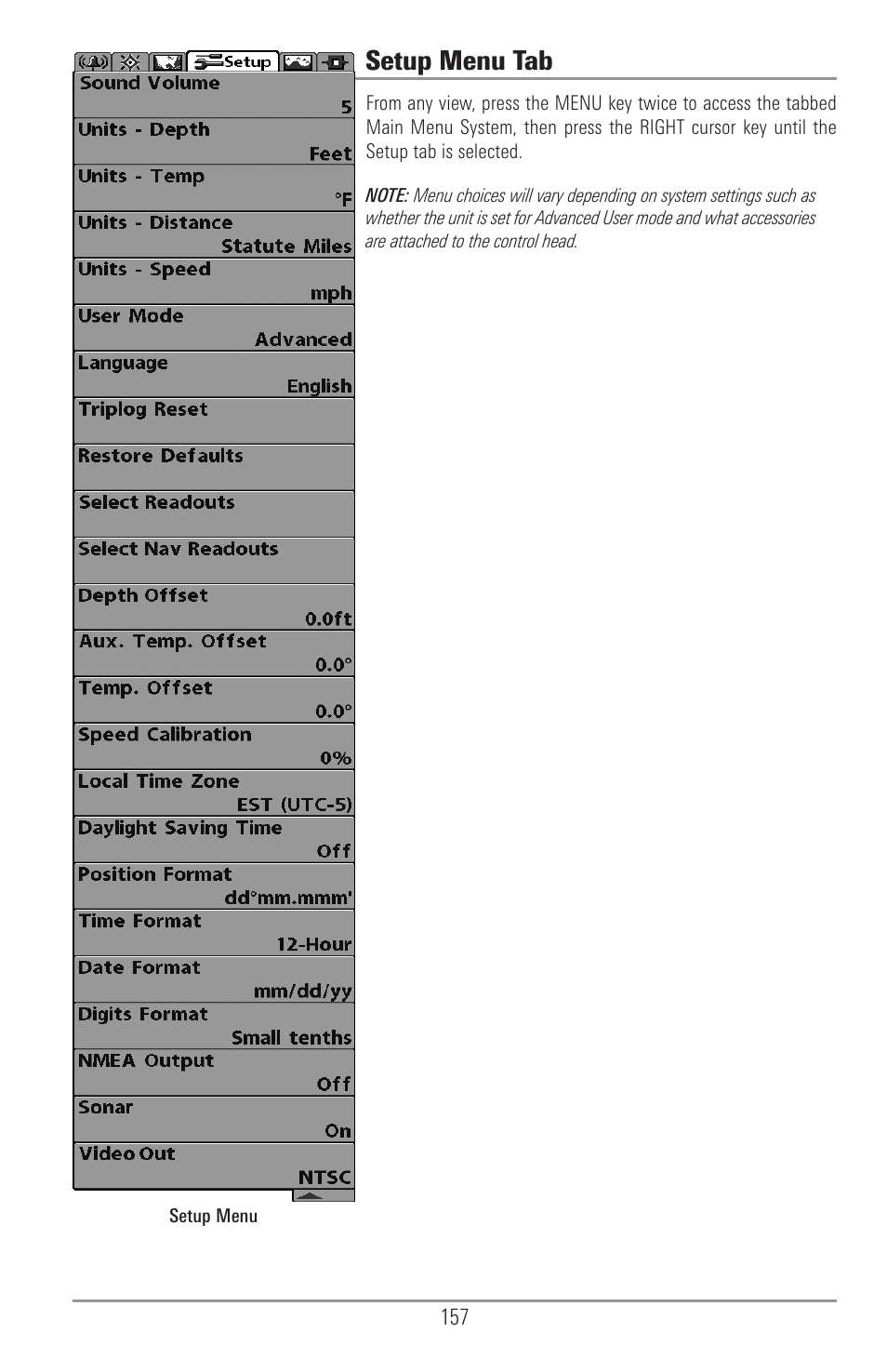 Setup menu tab | Humminbird 1157C User Manual | Page 167 / 200