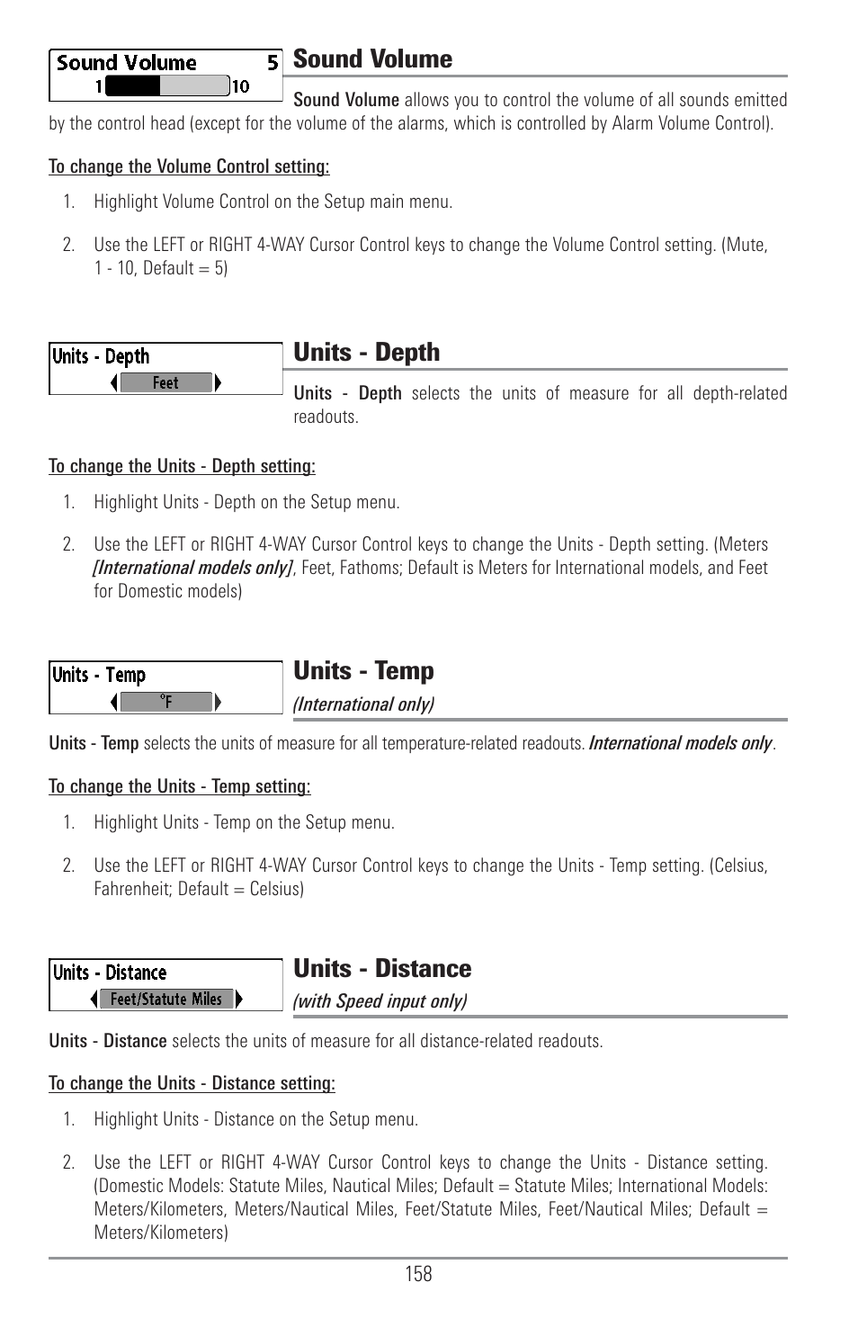 Sound volume, Units - depth, Units - temp | Units - distance | Humminbird 1157C User Manual | Page 168 / 200