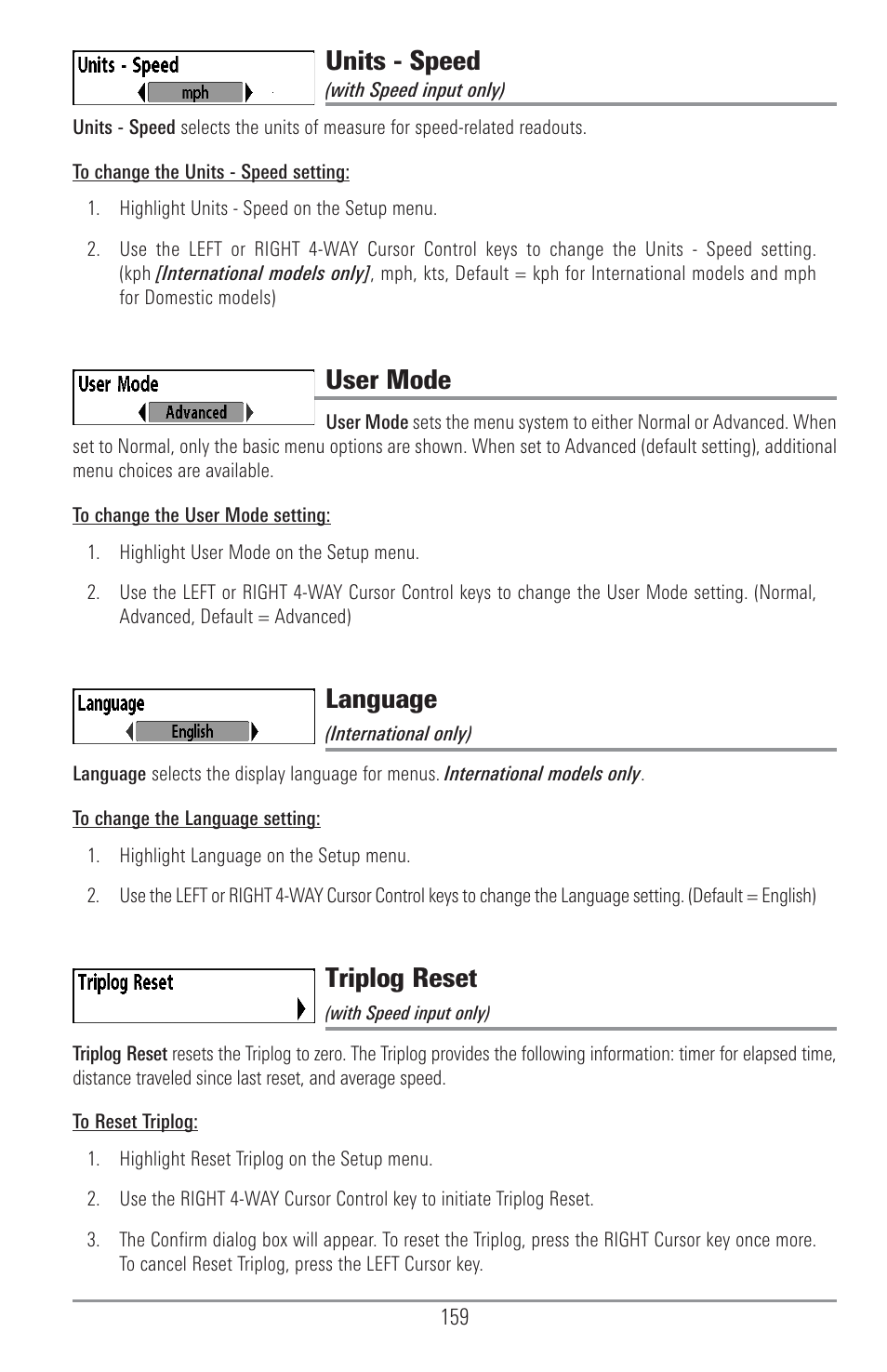 Units - speed, User mode, Language | Triplog reset | Humminbird 1157C User Manual | Page 169 / 200