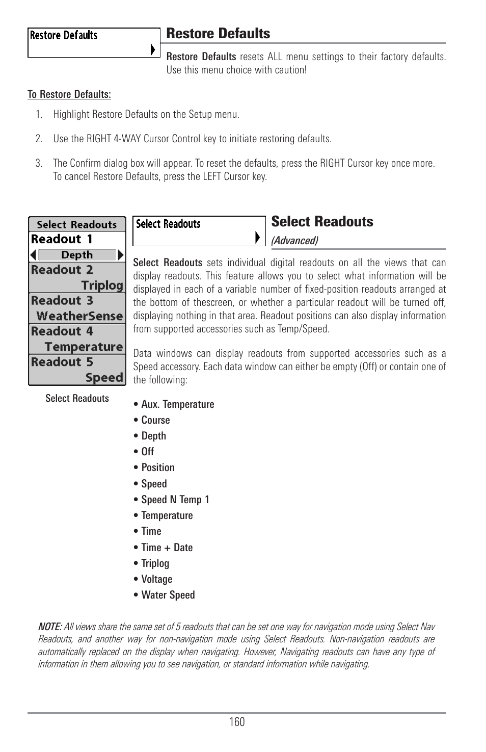 Restore defaults, Select readouts | Humminbird 1157C User Manual | Page 170 / 200