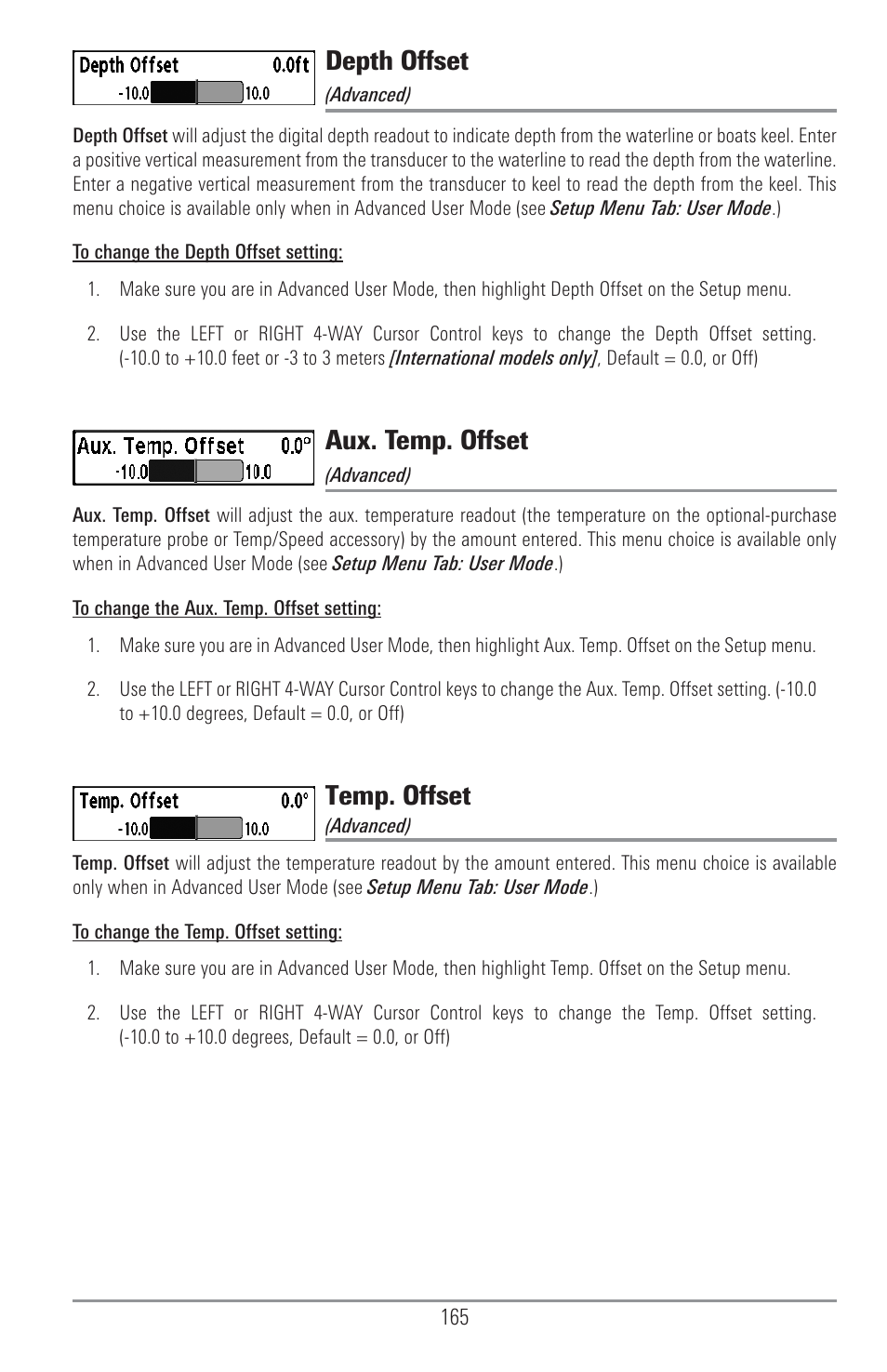Depth offset, Aux. temp. offset, Temp. offset | Humminbird 1157C User Manual | Page 175 / 200