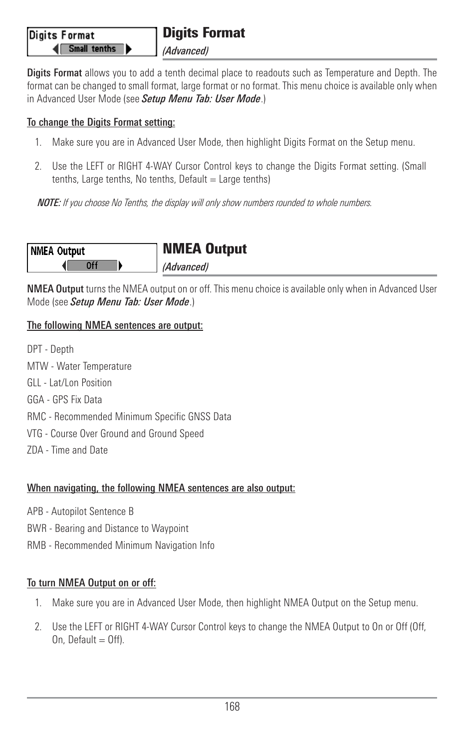 Digits format, Nmea output | Humminbird 1157C User Manual | Page 178 / 200