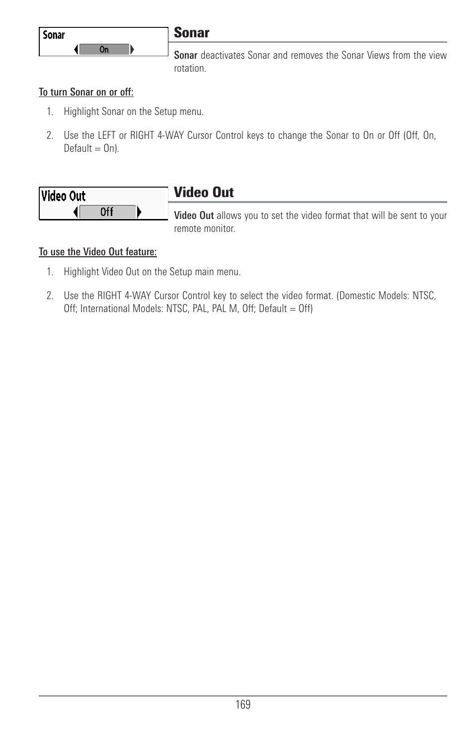 Sonar, Video out | Humminbird 1157C User Manual | Page 179 / 200