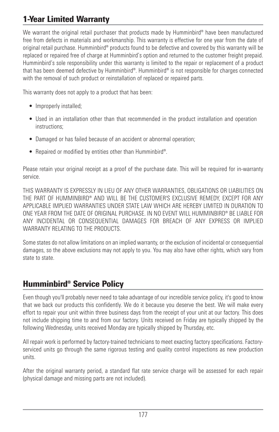 Year limited warranty, Humminbird® service policy | Humminbird 1157C User Manual | Page 187 / 200