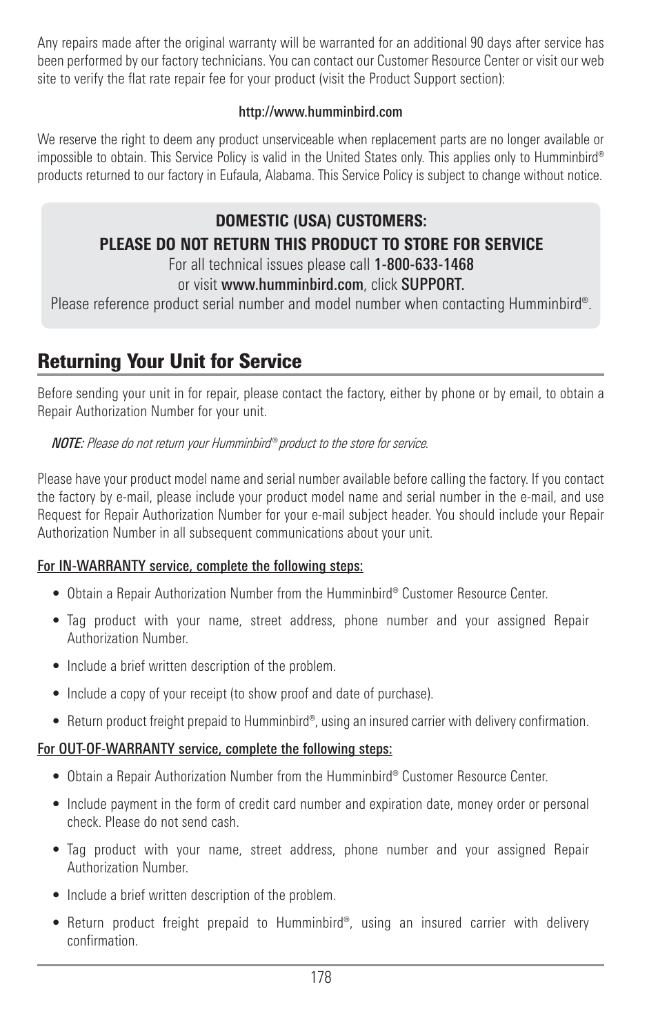 Returning your unit for service | Humminbird 1157C User Manual | Page 188 / 200