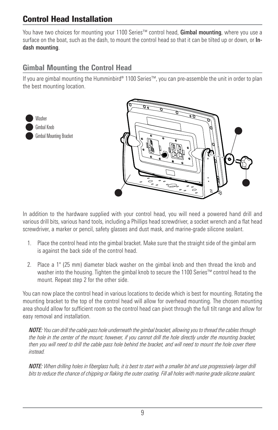 Control head installation, Gimbal mounting the control head | Humminbird 1157C User Manual | Page 19 / 200