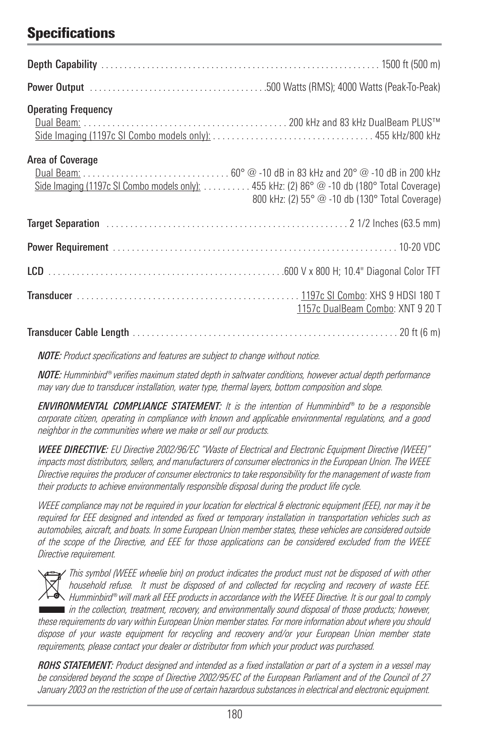 Specifications | Humminbird 1157C User Manual | Page 190 / 200