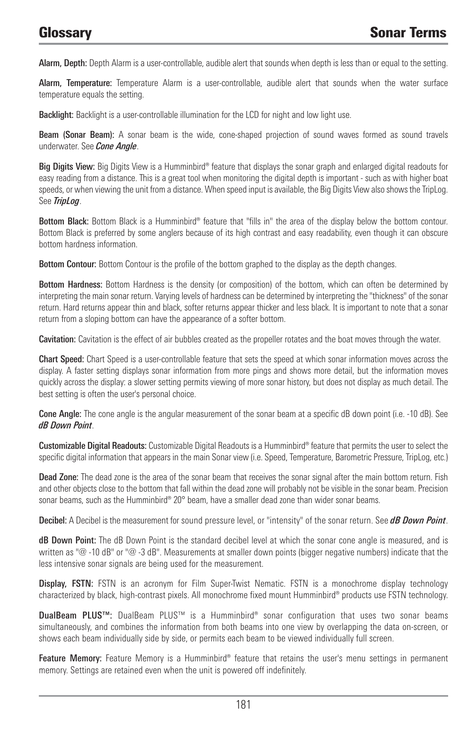 Glossary, Sonar terms, Glossary sonar terms | Humminbird 1157C User Manual | Page 191 / 200