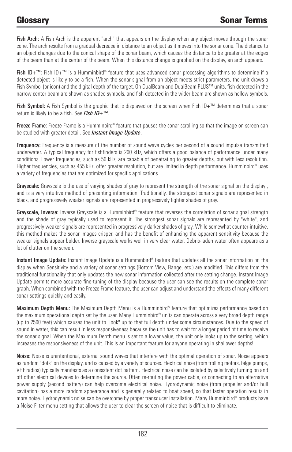 Glossary sonar terms | Humminbird 1157C User Manual | Page 192 / 200