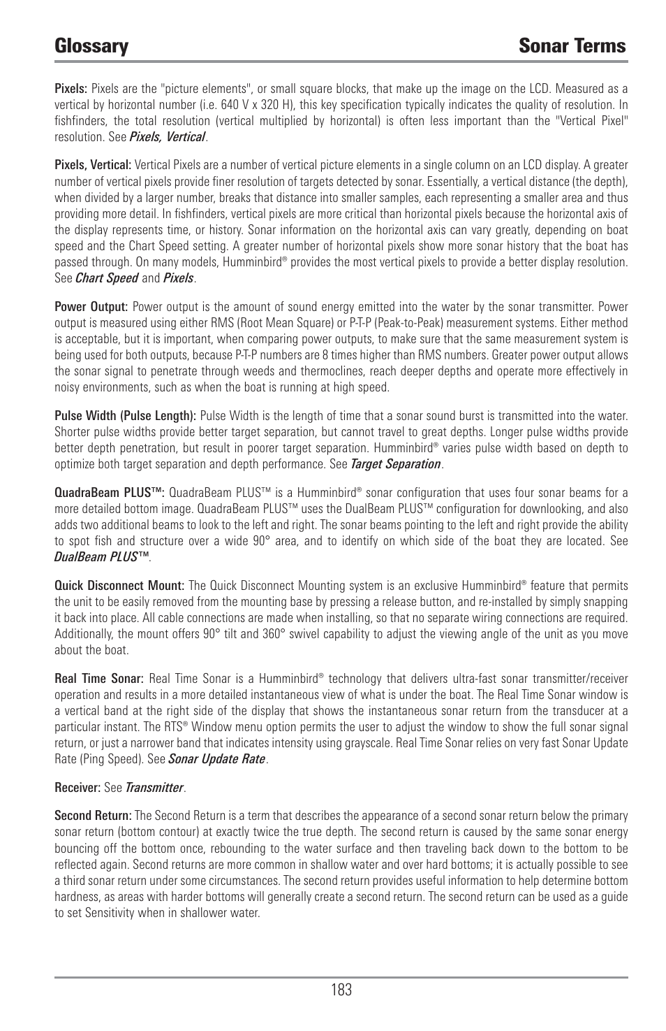 Glossary sonar terms | Humminbird 1157C User Manual | Page 193 / 200