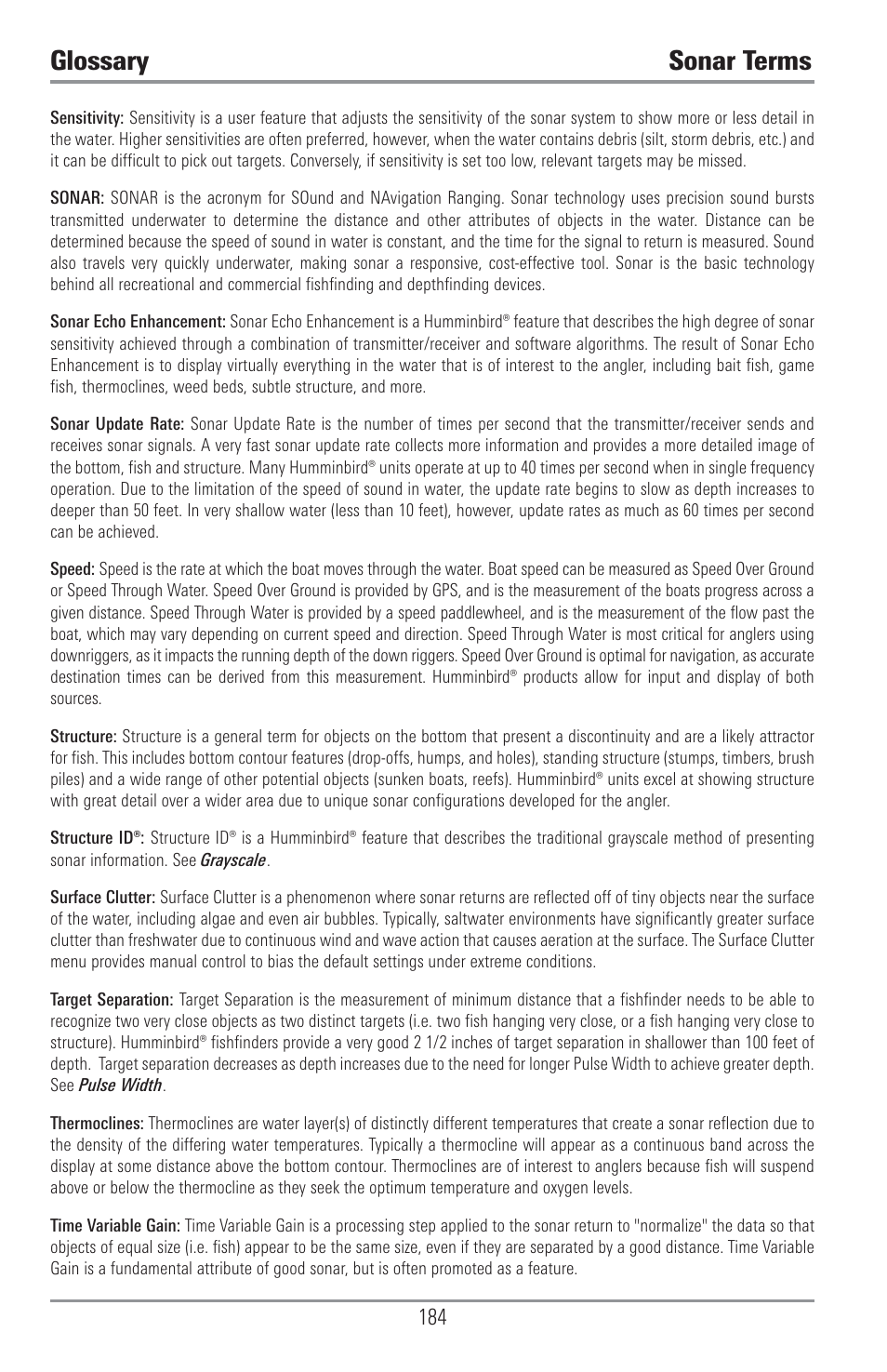 Glossary sonar terms | Humminbird 1157C User Manual | Page 194 / 200