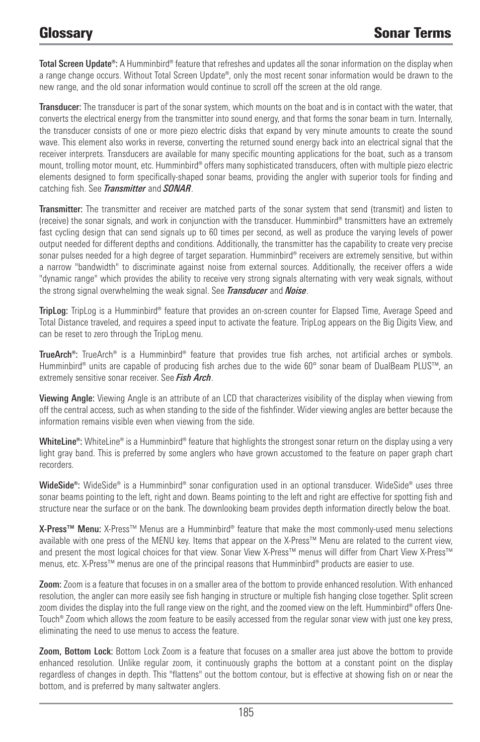 Glossary sonar terms | Humminbird 1157C User Manual | Page 195 / 200