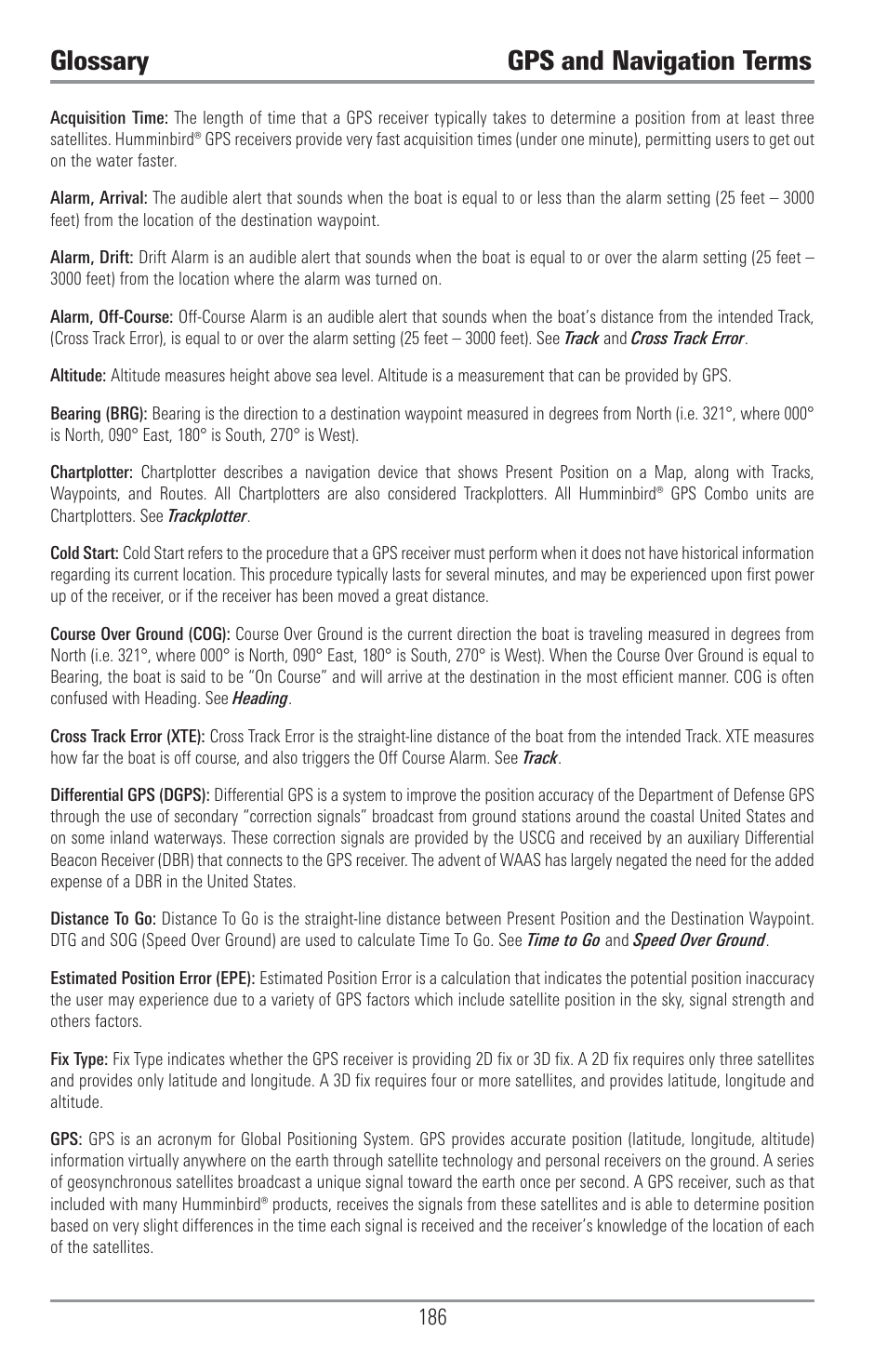 Gps and navigation terms, Glossary gps and navigation terms | Humminbird 1157C User Manual | Page 196 / 200