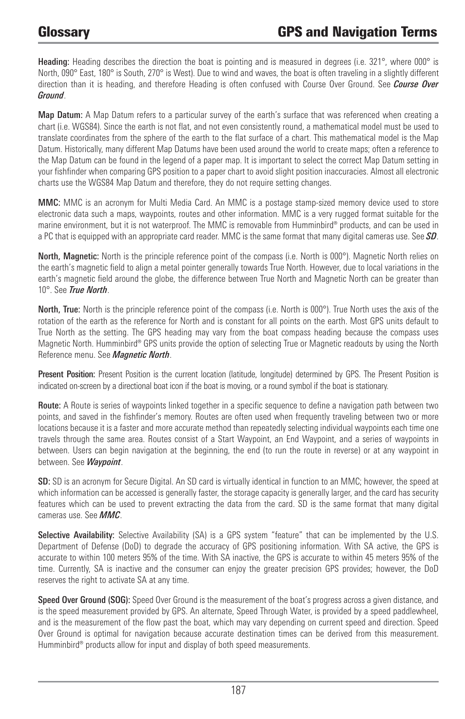Glossary gps and navigation terms | Humminbird 1157C User Manual | Page 197 / 200