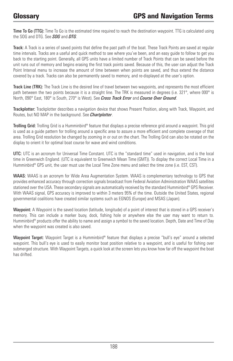 Glossary gps and navigation terms | Humminbird 1157C User Manual | Page 198 / 200