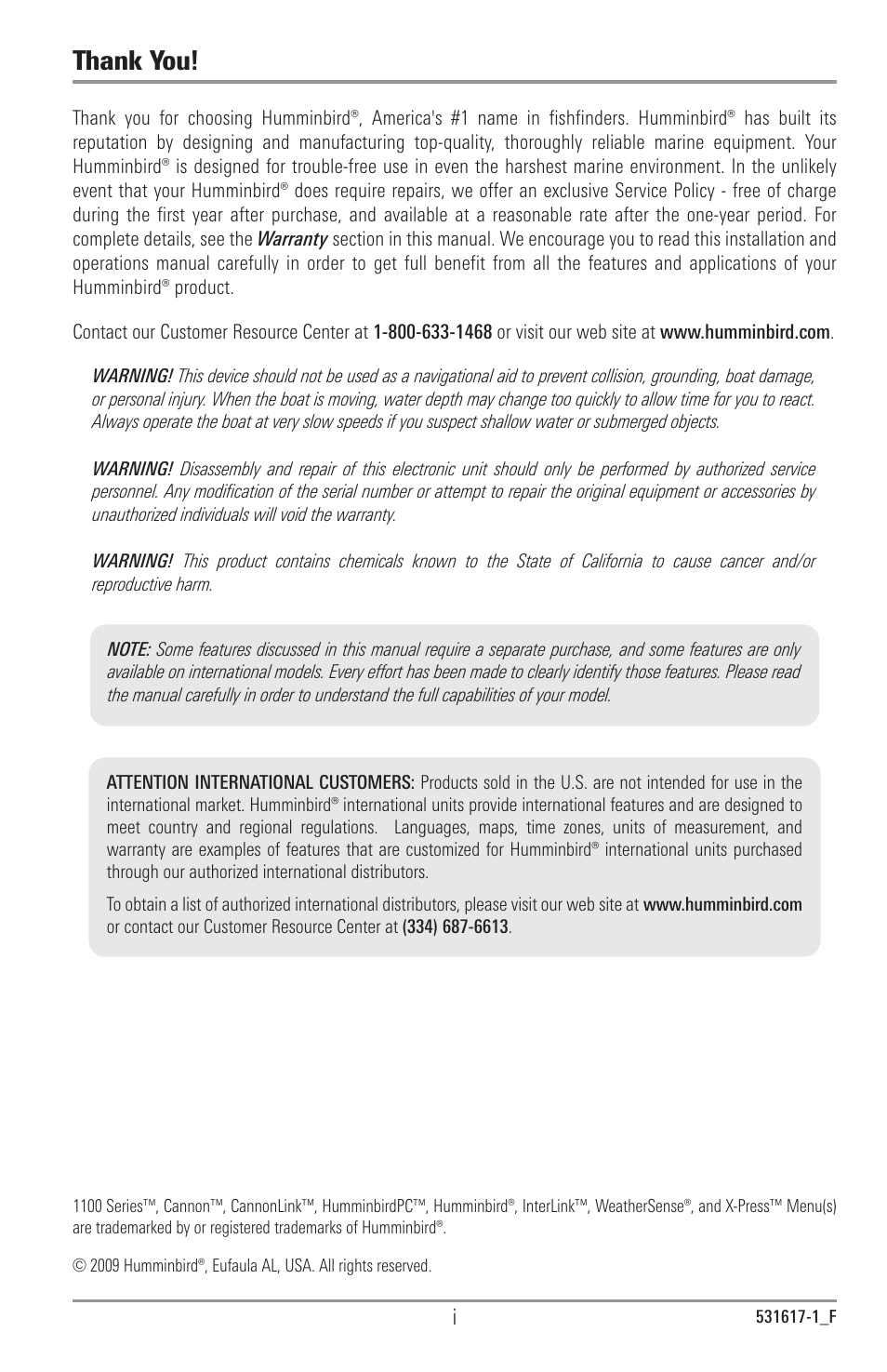 Thank you, Warning | Humminbird 1157C User Manual | Page 3 / 200