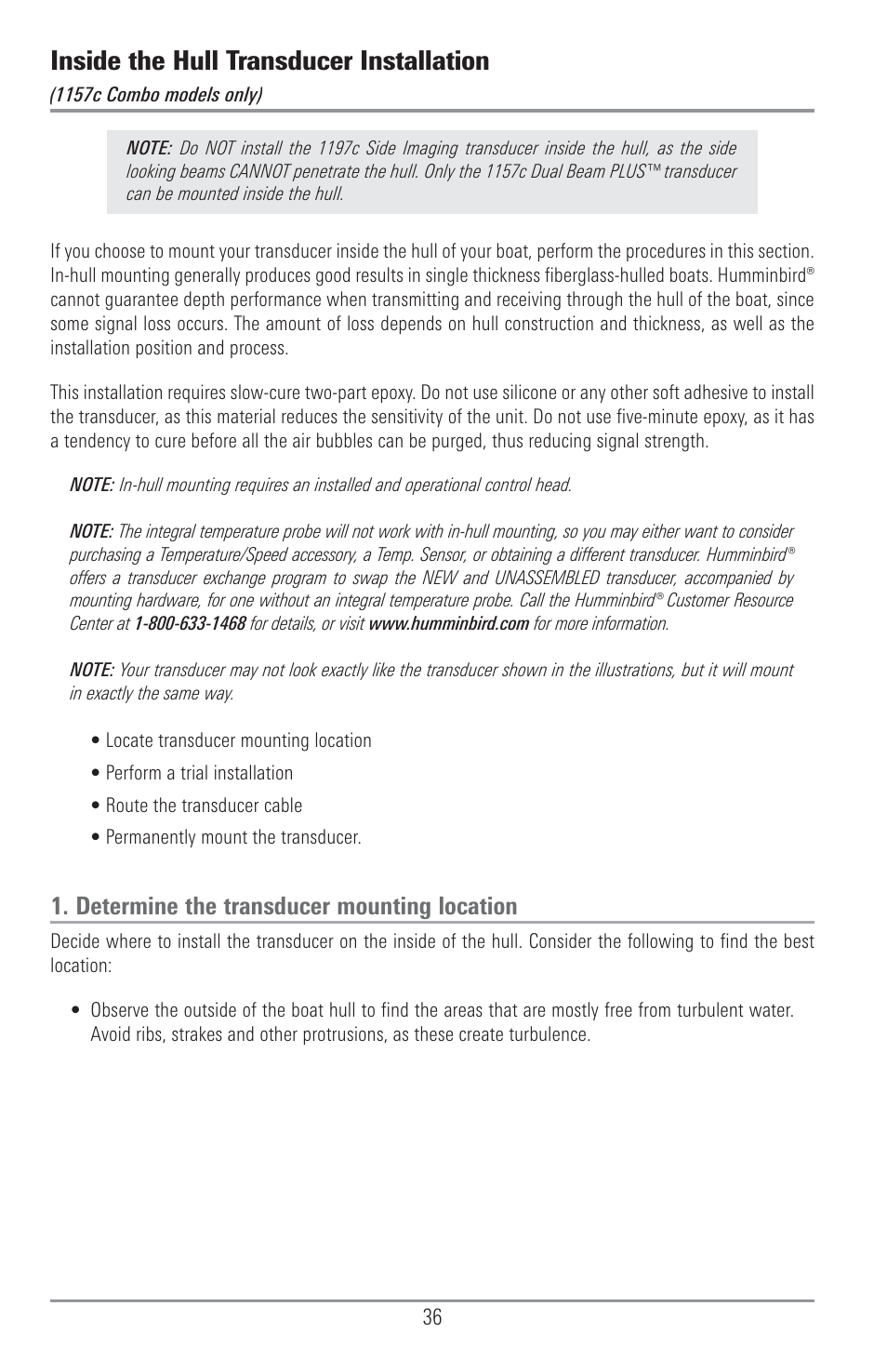 Inside the hull transducer installation, Determine the transducer mounting location | Humminbird 1157C User Manual | Page 46 / 200