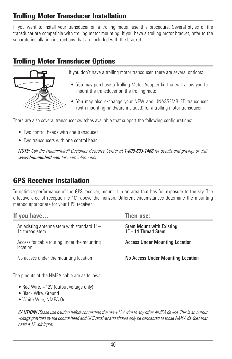 Trolling motor transducer installation, Gps receiver installation, Trolling motor transducer options | If you have… then use | Humminbird 1157C User Manual | Page 50 / 200