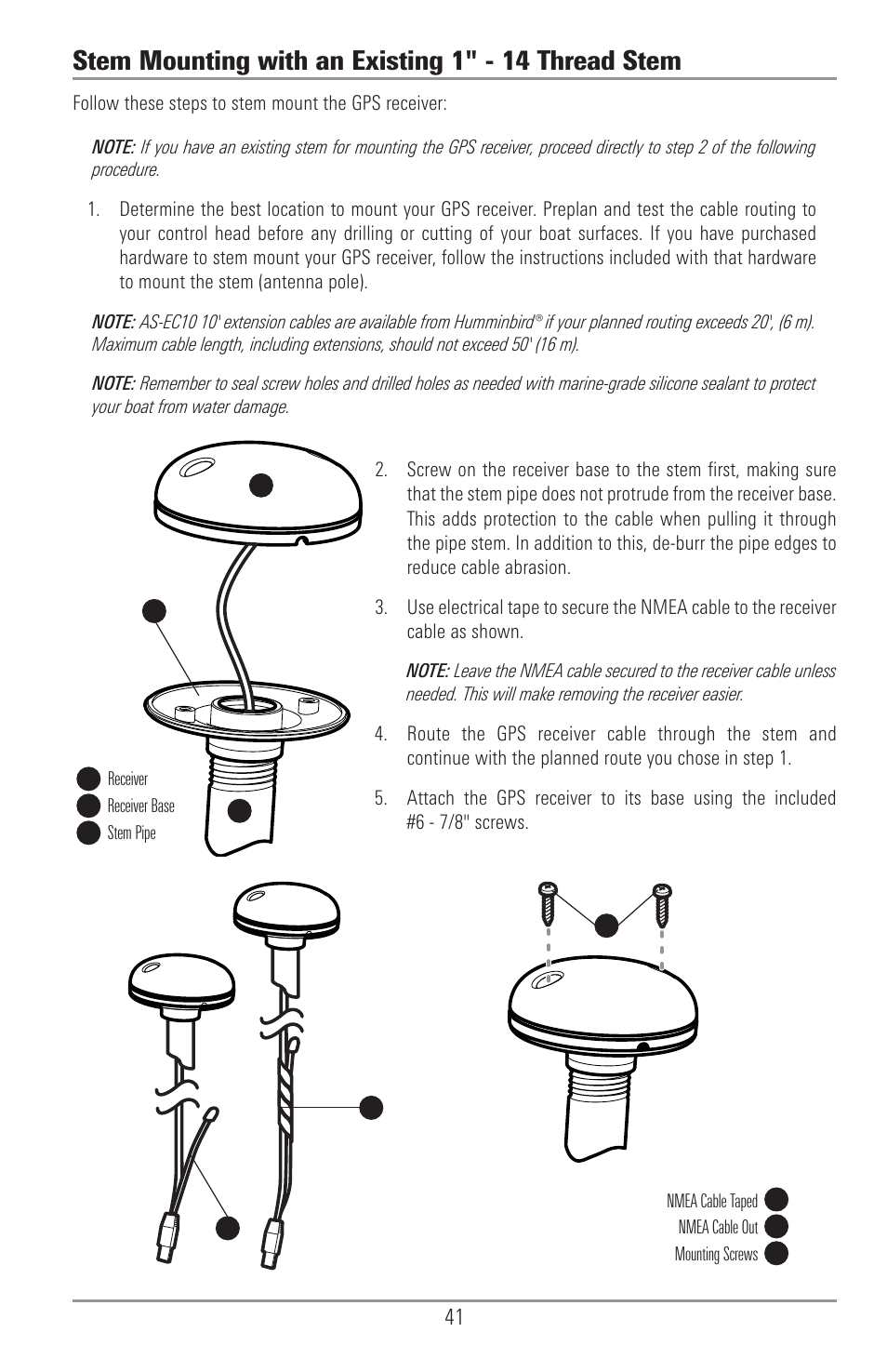 Stem mounting with an existing 1" - 14 thread stem | Humminbird 1157C User Manual | Page 51 / 200