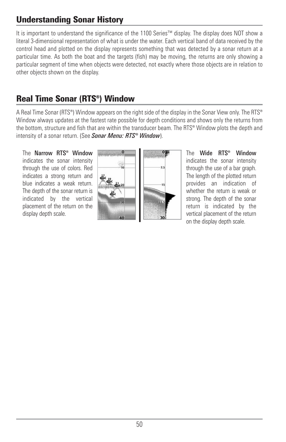 Understanding sonar history, Real time sonar (rts®) window | Humminbird 1157C User Manual | Page 60 / 200