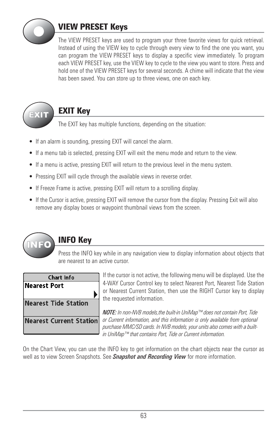 View preset keys, Exit key, Info key | Humminbird 1157C User Manual | Page 73 / 200