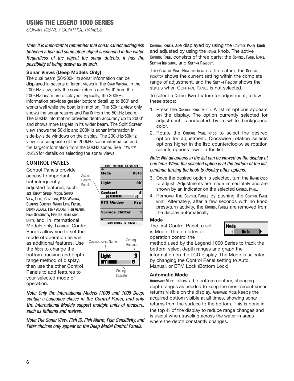 Using the legend 1000 series, Control panels | Humminbird Legend 1000 User Manual | Page 8 / 18