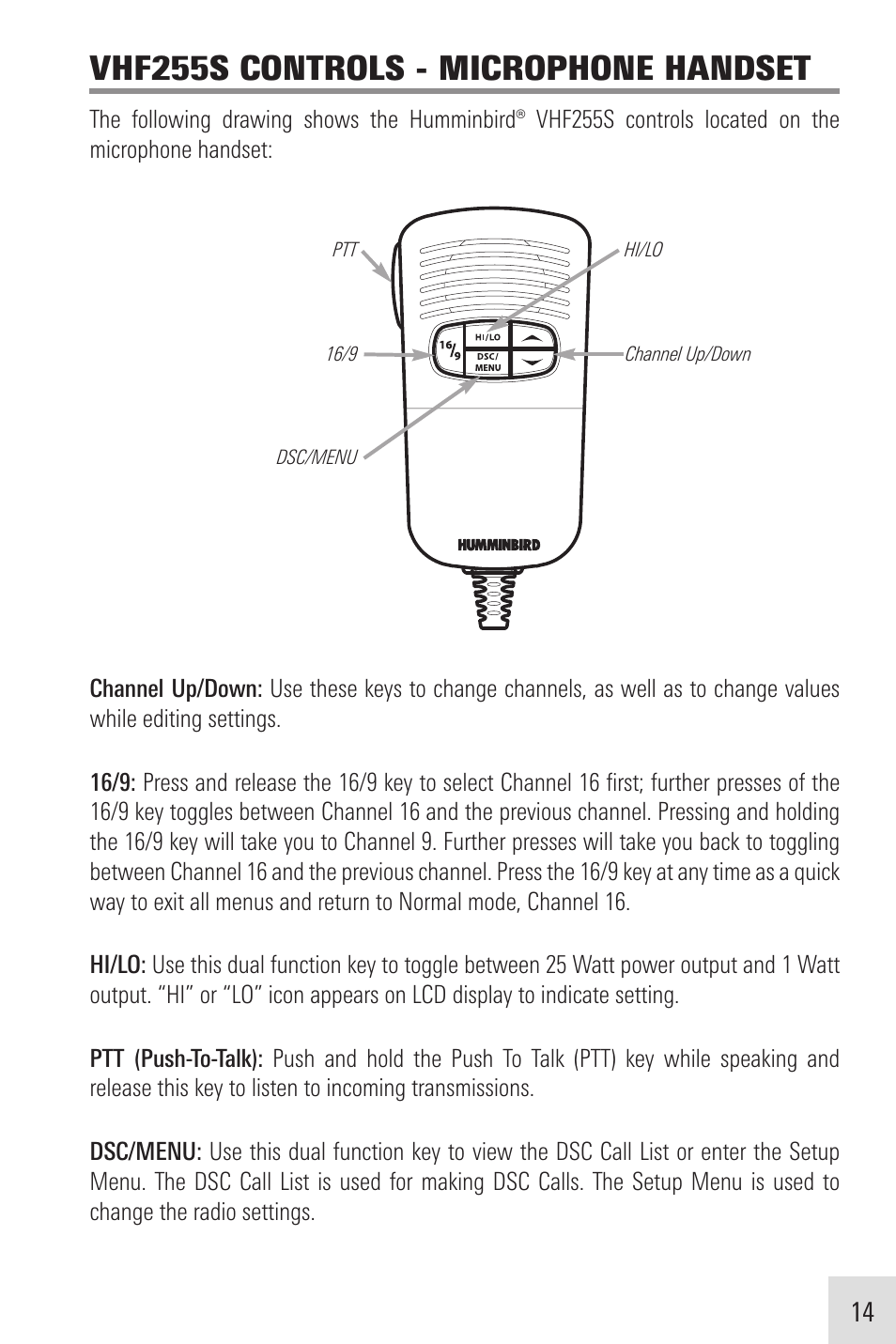 Vhf255s controls - microphone handset | Humminbird VHF255SW User Manual | Page 15 / 90