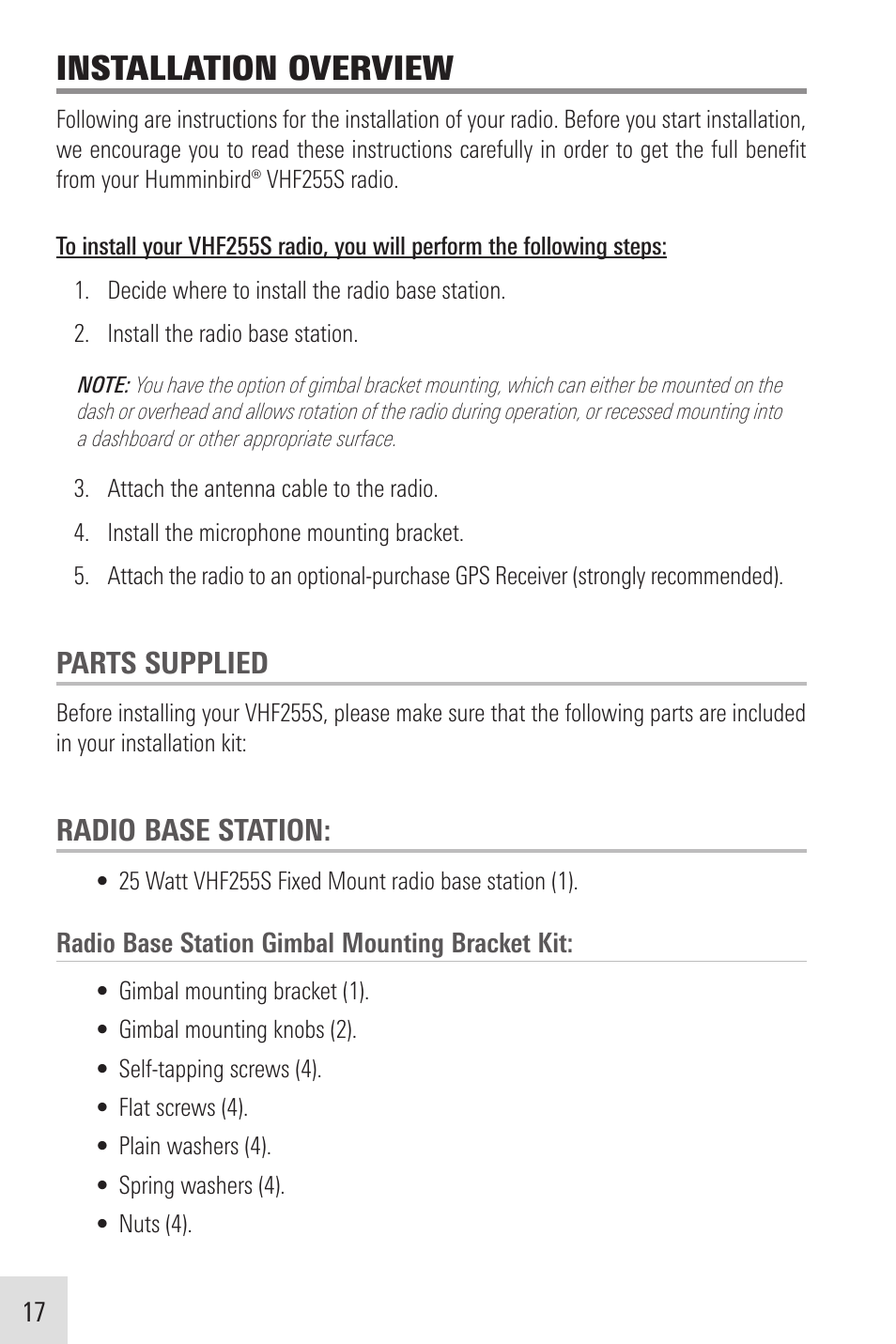 Installation overview, Parts supplied, Radio base station | Humminbird VHF255SW User Manual | Page 18 / 90