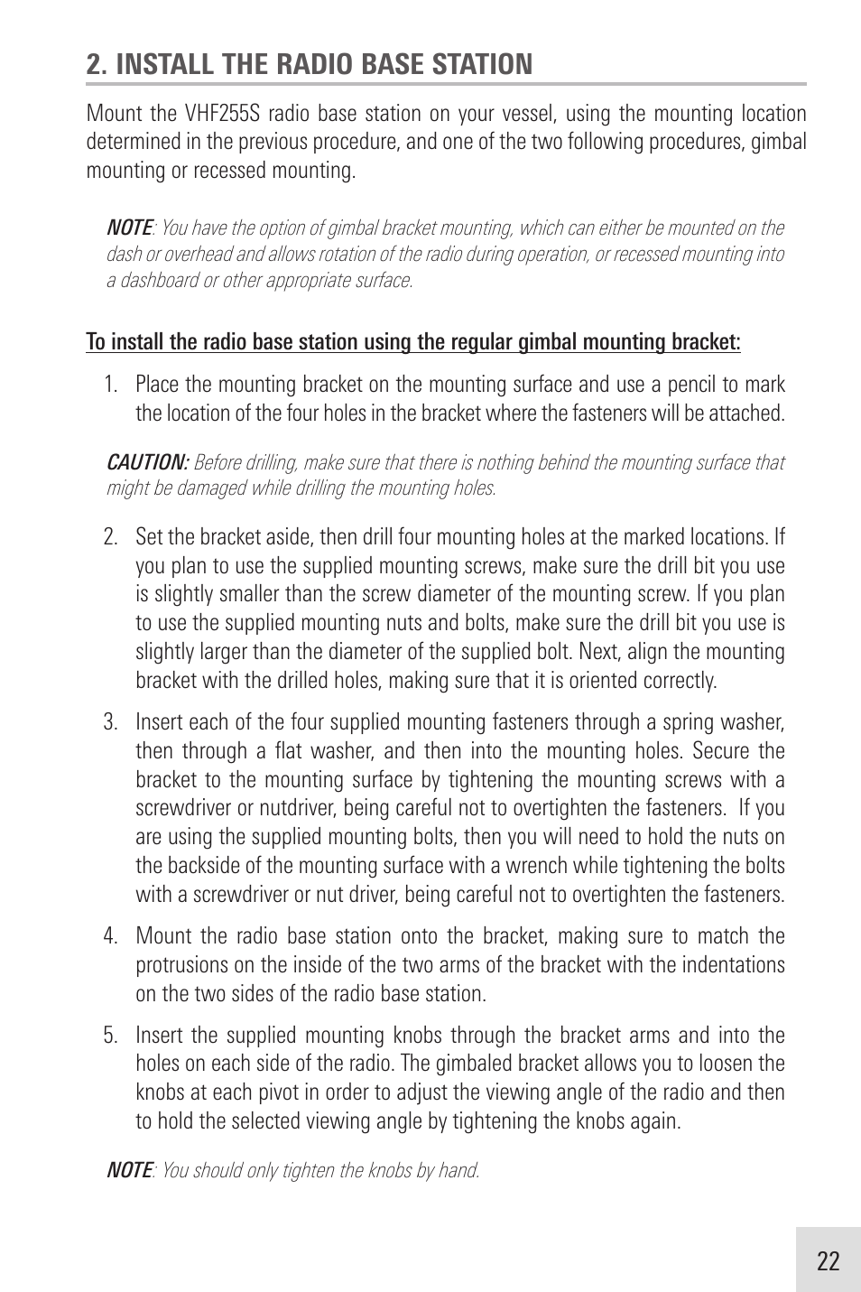 Install the radio base station | Humminbird VHF255SW User Manual | Page 23 / 90