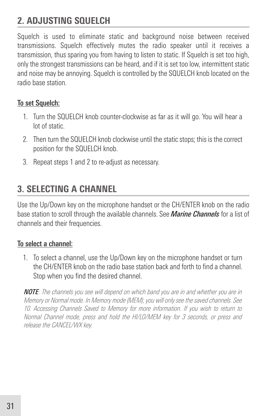 Adjusting squelch, Selecting a channel | Humminbird VHF255SW User Manual | Page 32 / 90