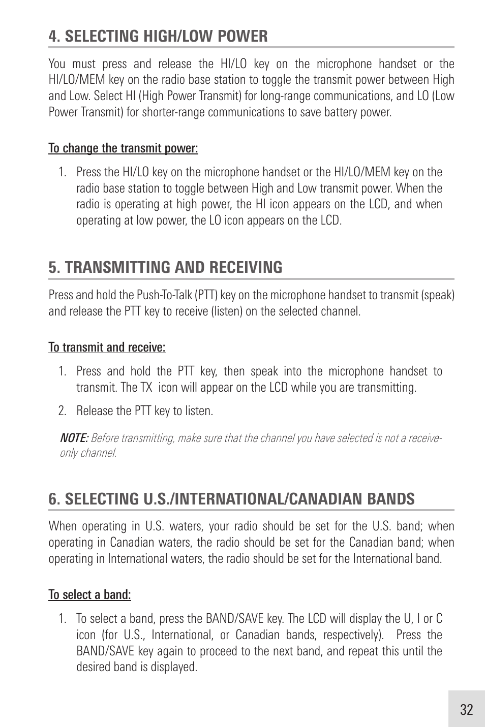 Selecting high/low power, Transmitting and receiving, Selecting u.s./international/canadian bands | Humminbird VHF255SW User Manual | Page 33 / 90