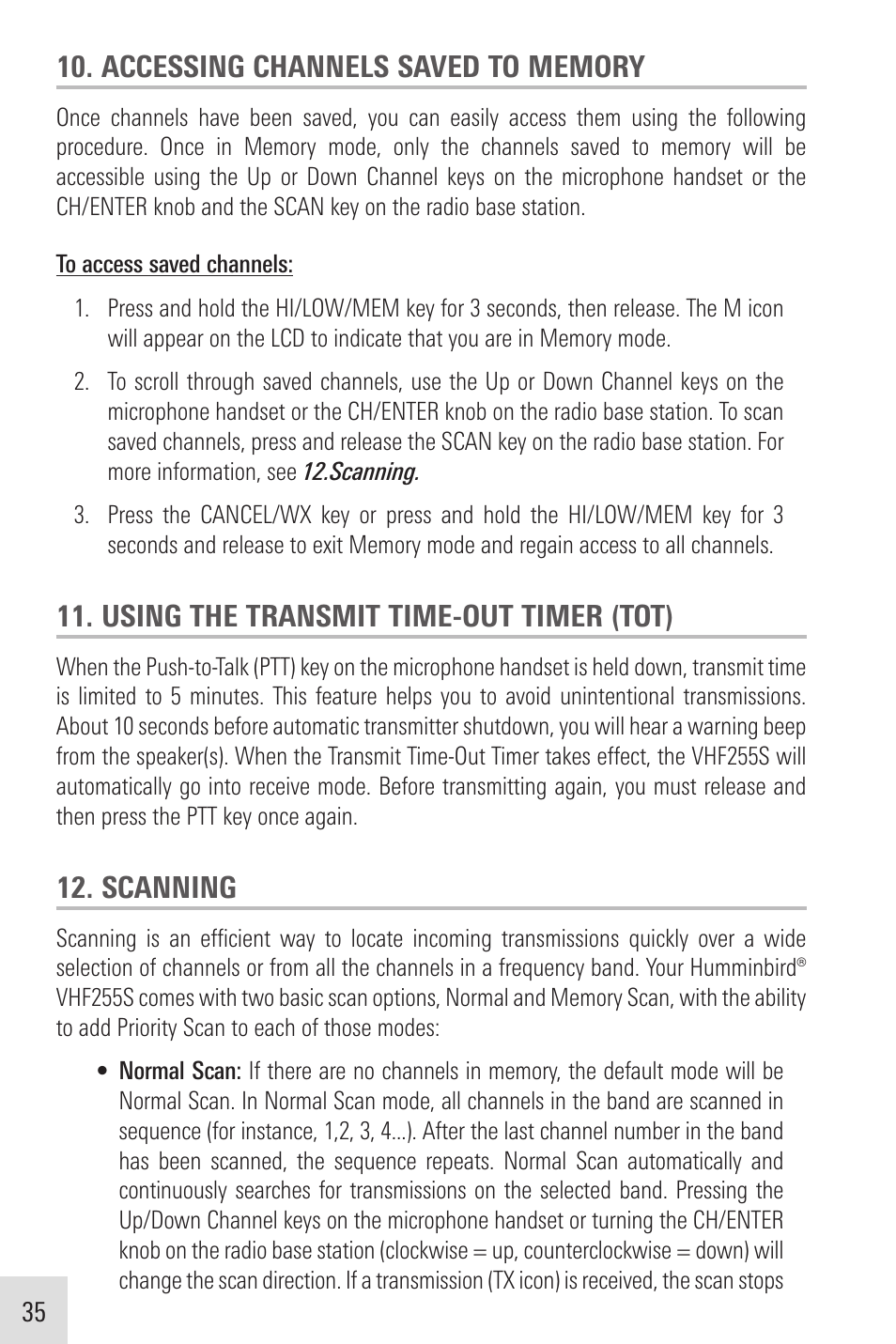 Using the transmit time-out timer (tot), Scanning | Humminbird VHF255SW User Manual | Page 36 / 90