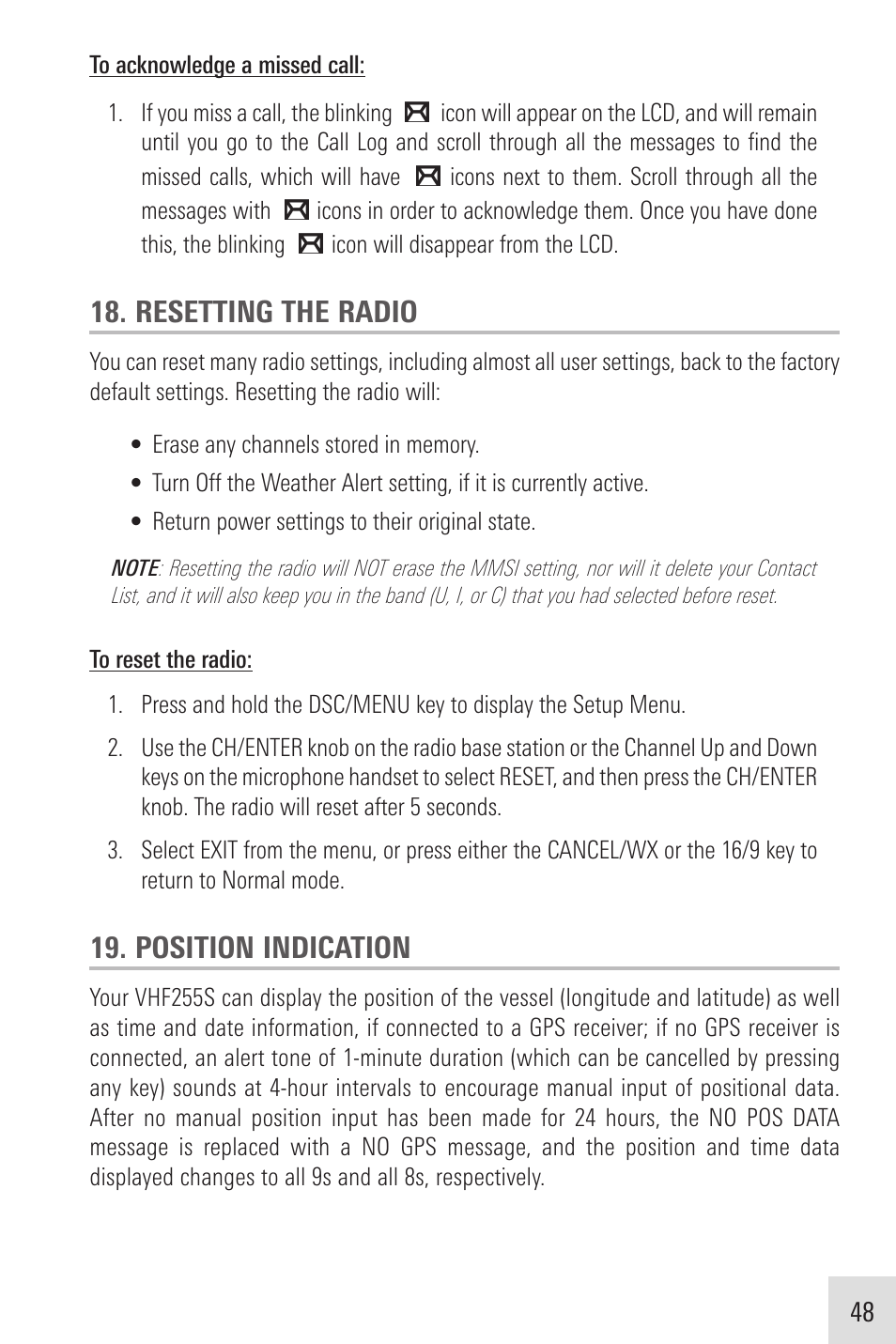 Resetting the radio, Position indication | Humminbird VHF255SW User Manual | Page 49 / 90