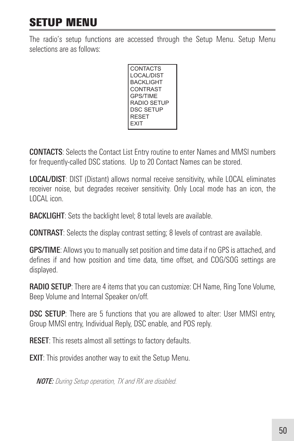 Setup menu | Humminbird VHF255SW User Manual | Page 51 / 90