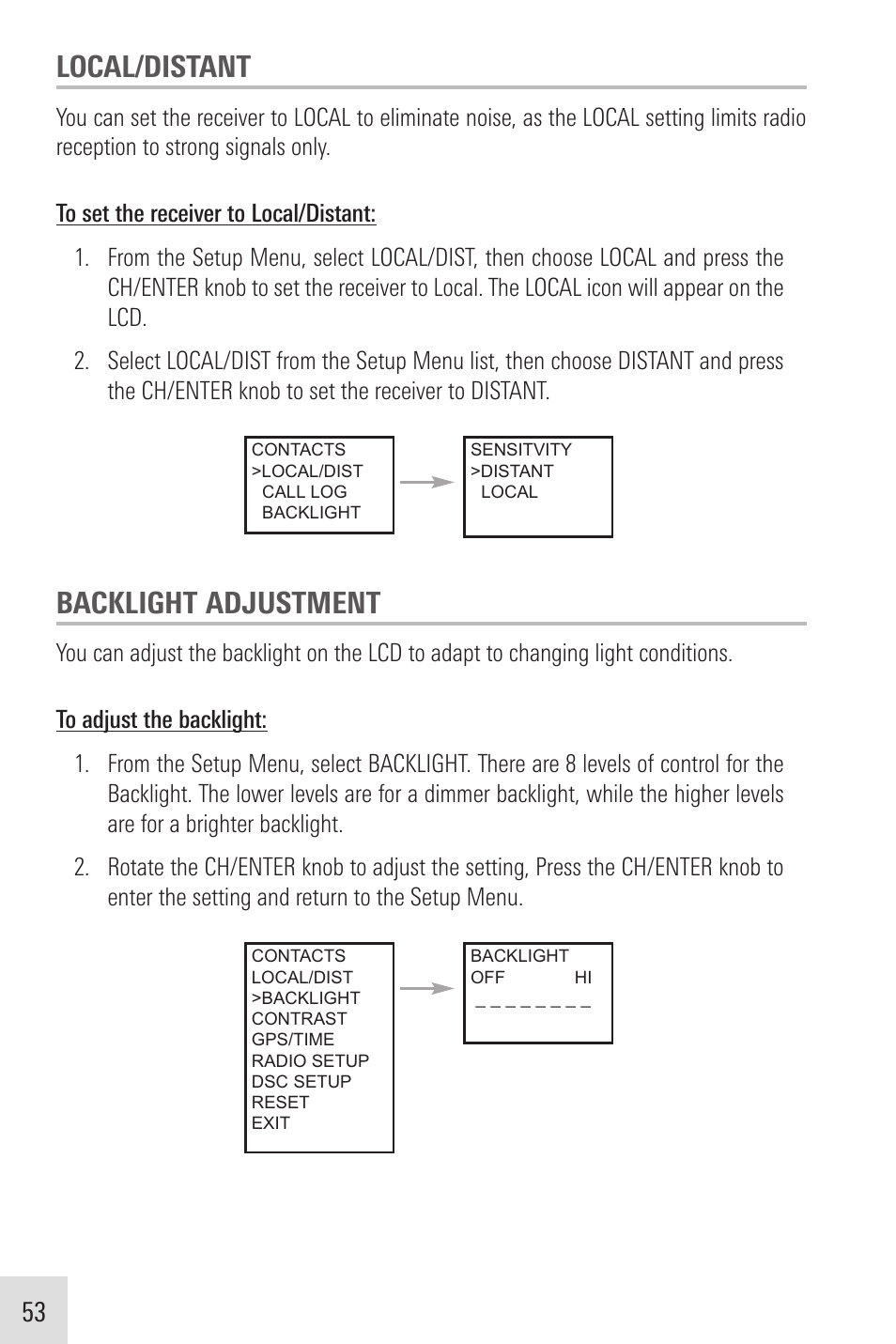 Local/distant, Backlight adjustment | Humminbird VHF255SW User Manual | Page 54 / 90