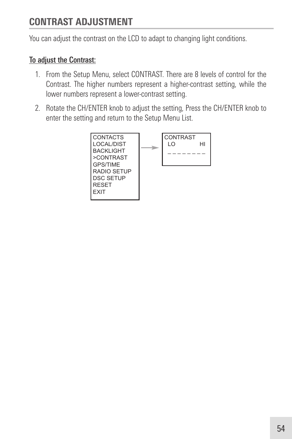 Contrast adjustment | Humminbird VHF255SW User Manual | Page 55 / 90
