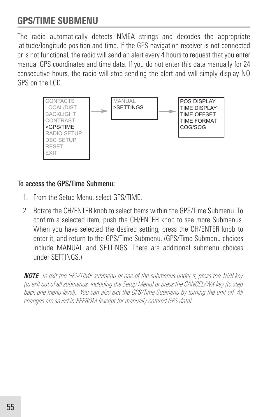 Gps/time submenu | Humminbird VHF255SW User Manual | Page 56 / 90