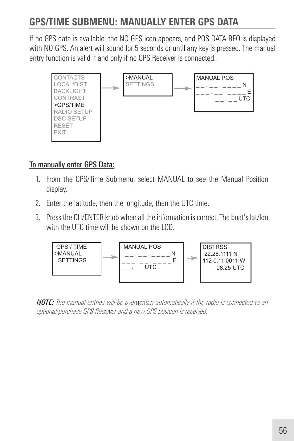 Gps/time submenu: manually enter gps data | Humminbird VHF255SW User Manual | Page 57 / 90