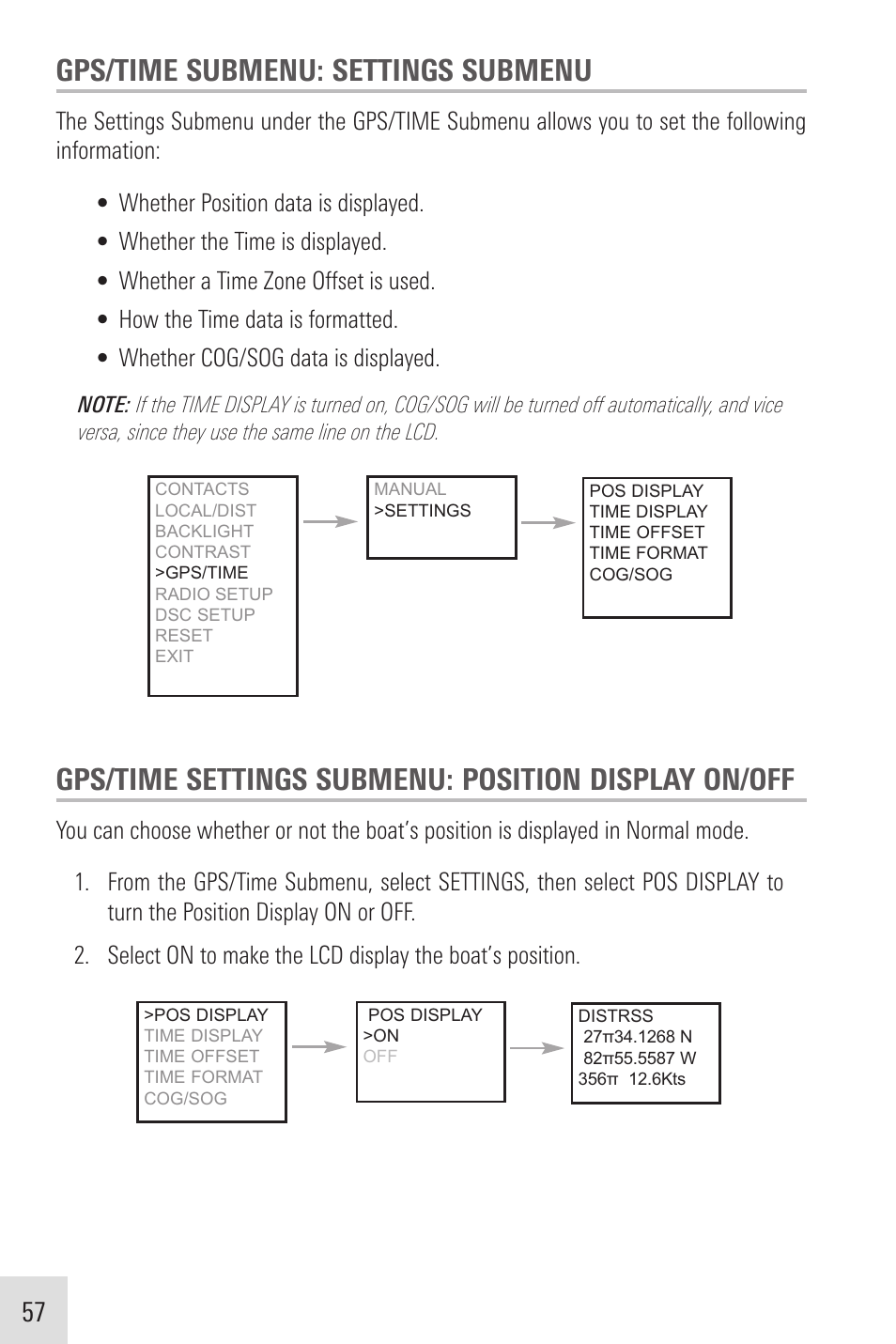 Gps/time submenu: settings submenu, Gps/time settings submenu: position display on/off | Humminbird VHF255SW User Manual | Page 58 / 90