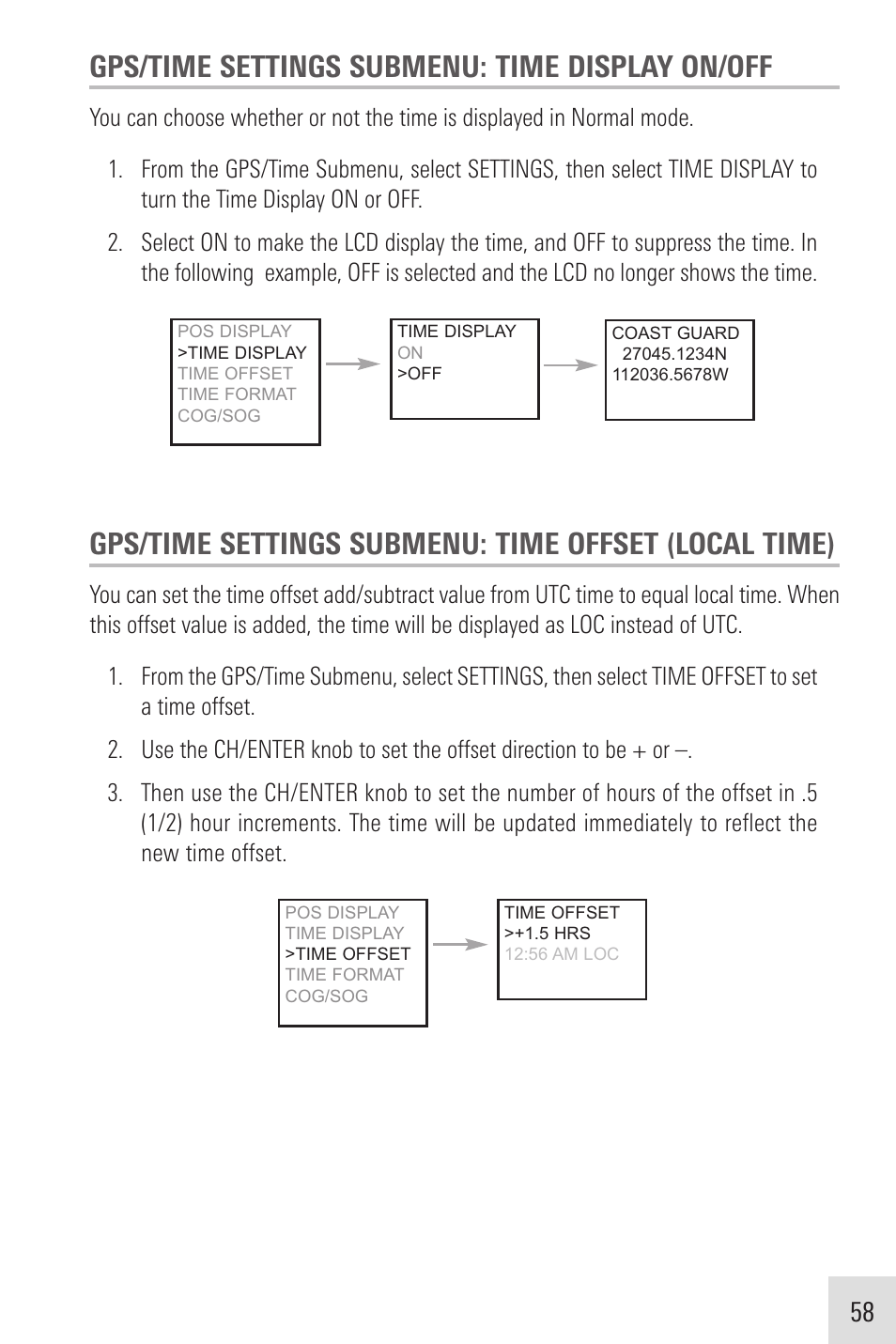 Gps/time settings submenu: time display on/off | Humminbird VHF255SW User Manual | Page 59 / 90