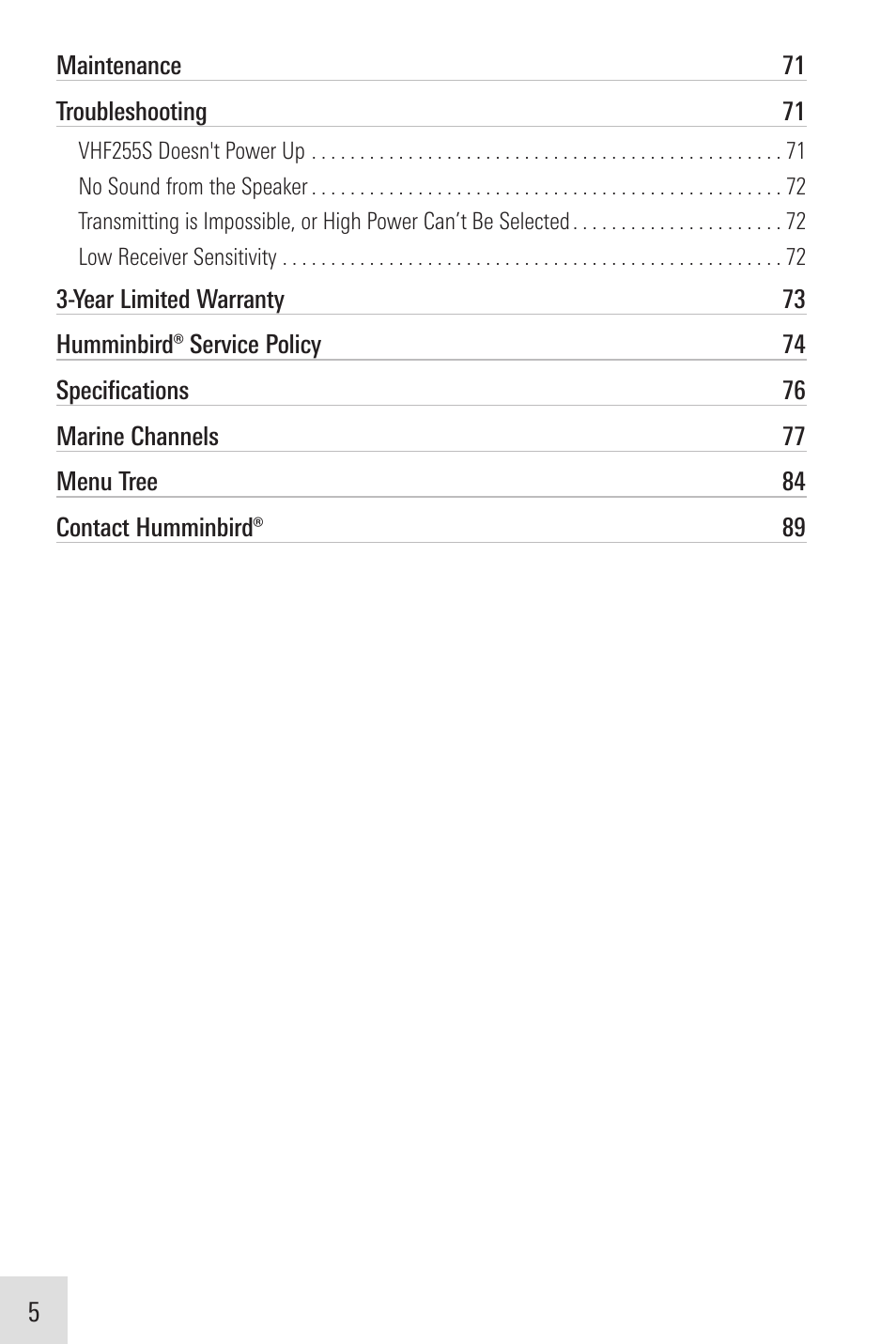 Humminbird VHF255SW User Manual | Page 6 / 90