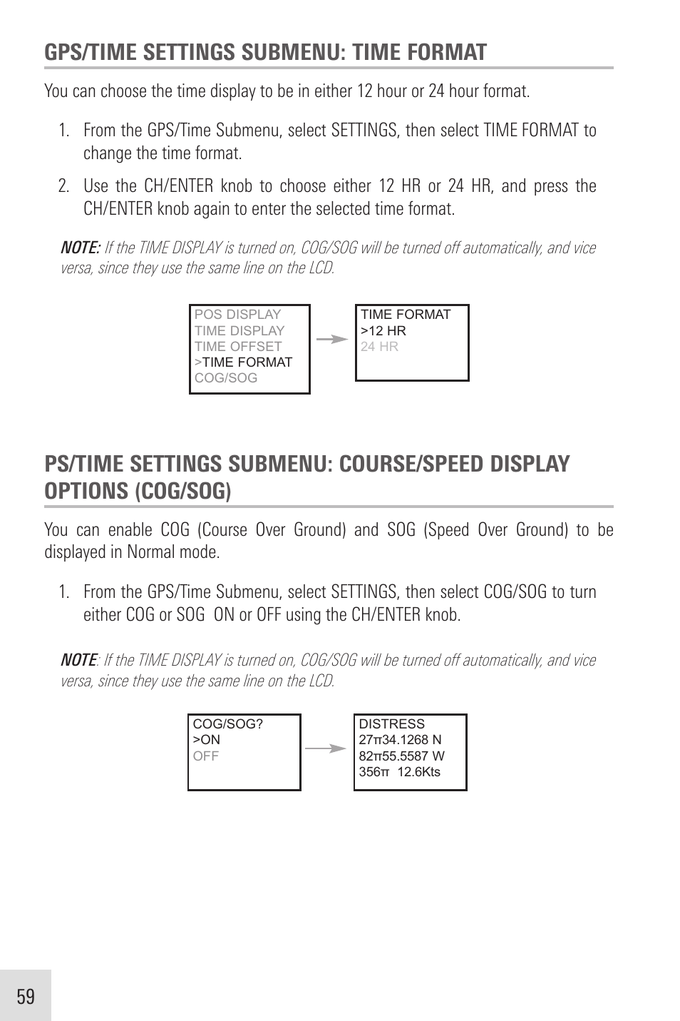 Gps/time settings submenu: time format | Humminbird VHF255SW User Manual | Page 60 / 90