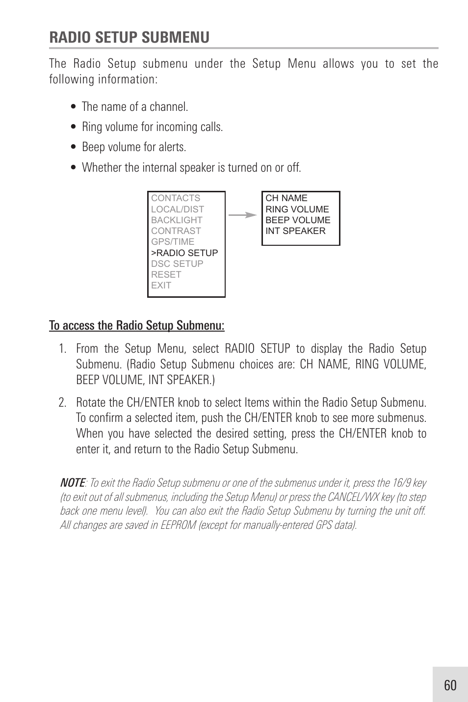 Radio setup submenu | Humminbird VHF255SW User Manual | Page 61 / 90