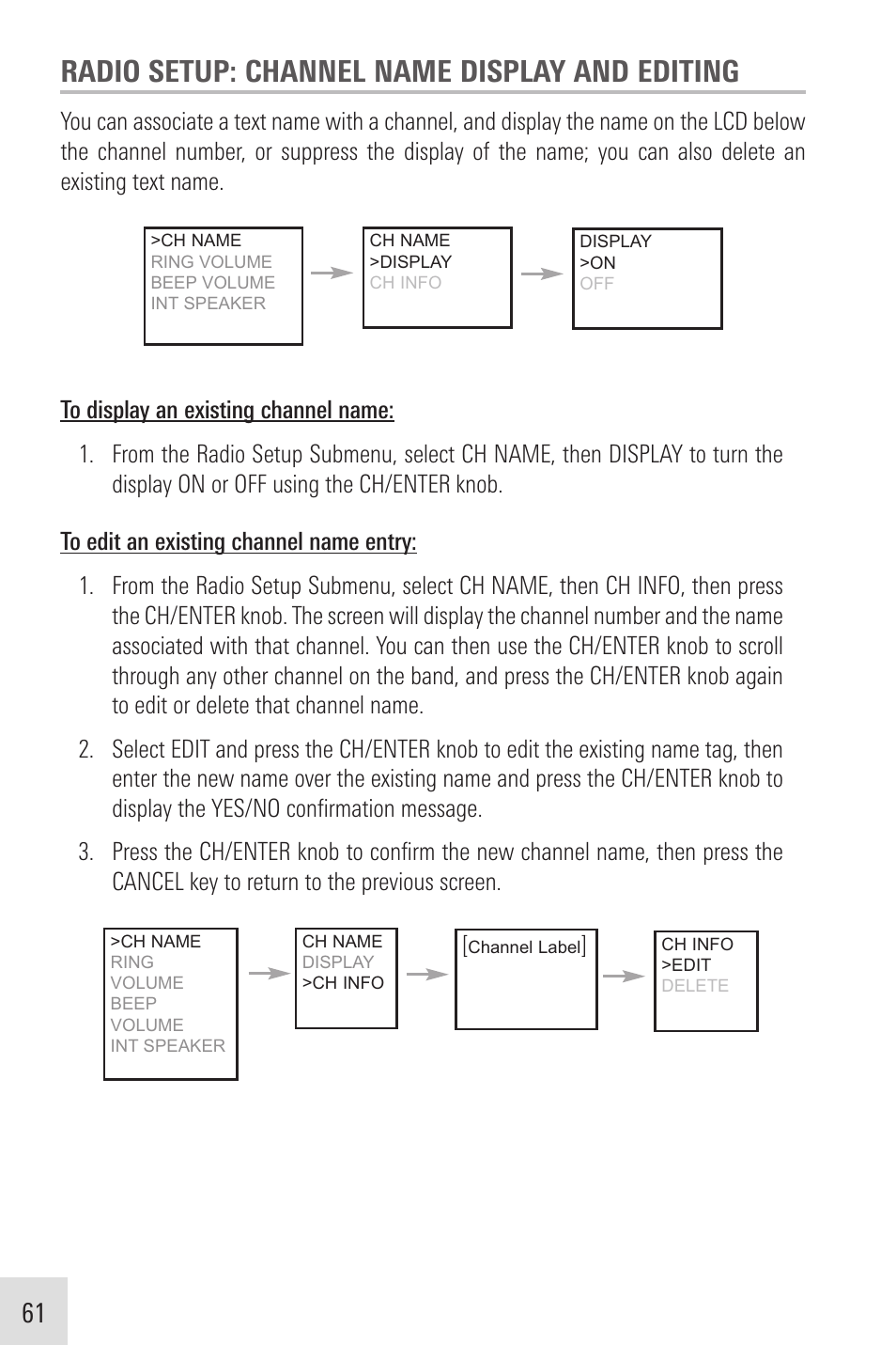 Radio setup: channel name display and editing | Humminbird VHF255SW User Manual | Page 62 / 90